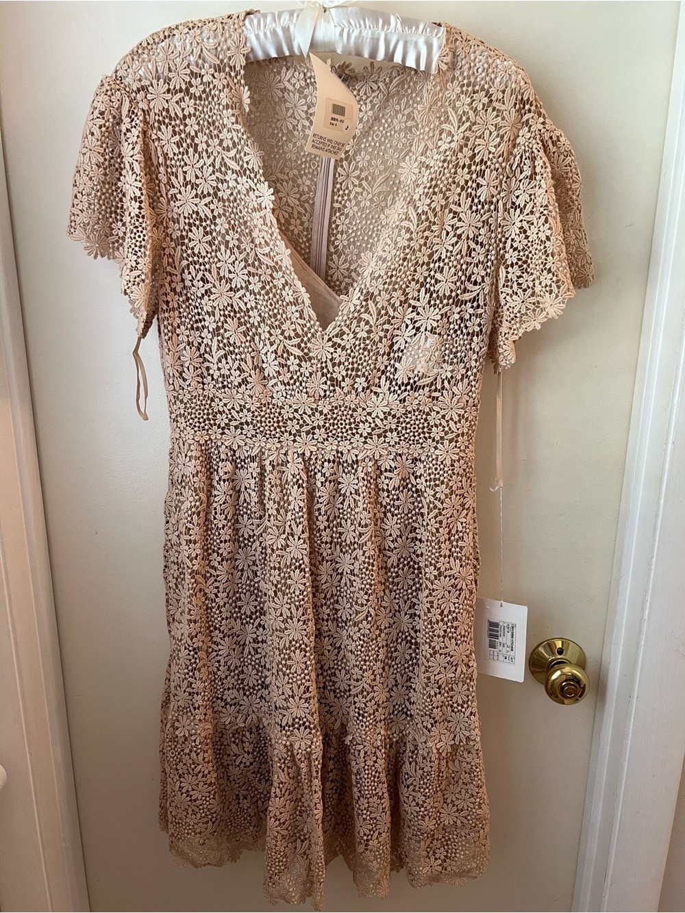 Floral Lace Short Sleeve Valentino Dress in Beige